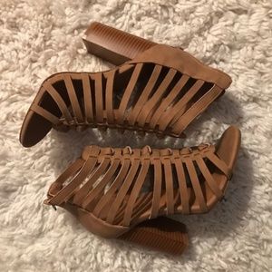 Cognac Brown Block Heel Sandals - Size 8.5